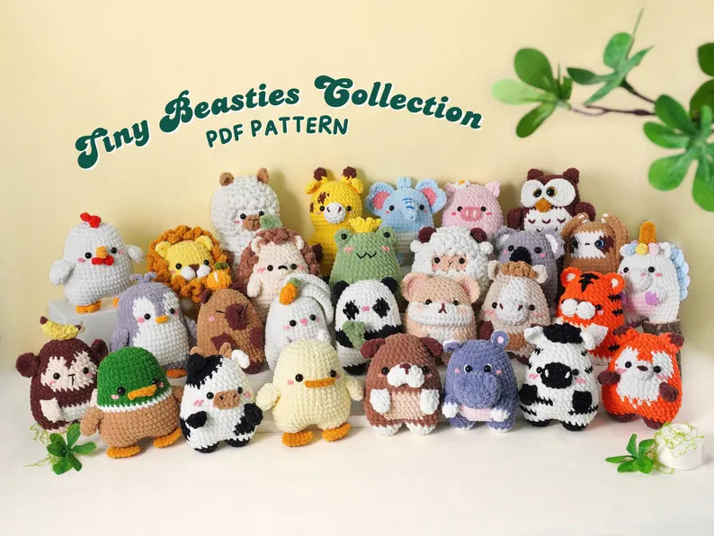 24in1 Tiny Beasties Collection Crochet Patterns | Cat, Lion, Dog, Rabbit, Panda, Giraffe Pattern, Unicorn Pattern, Penguin Pattern